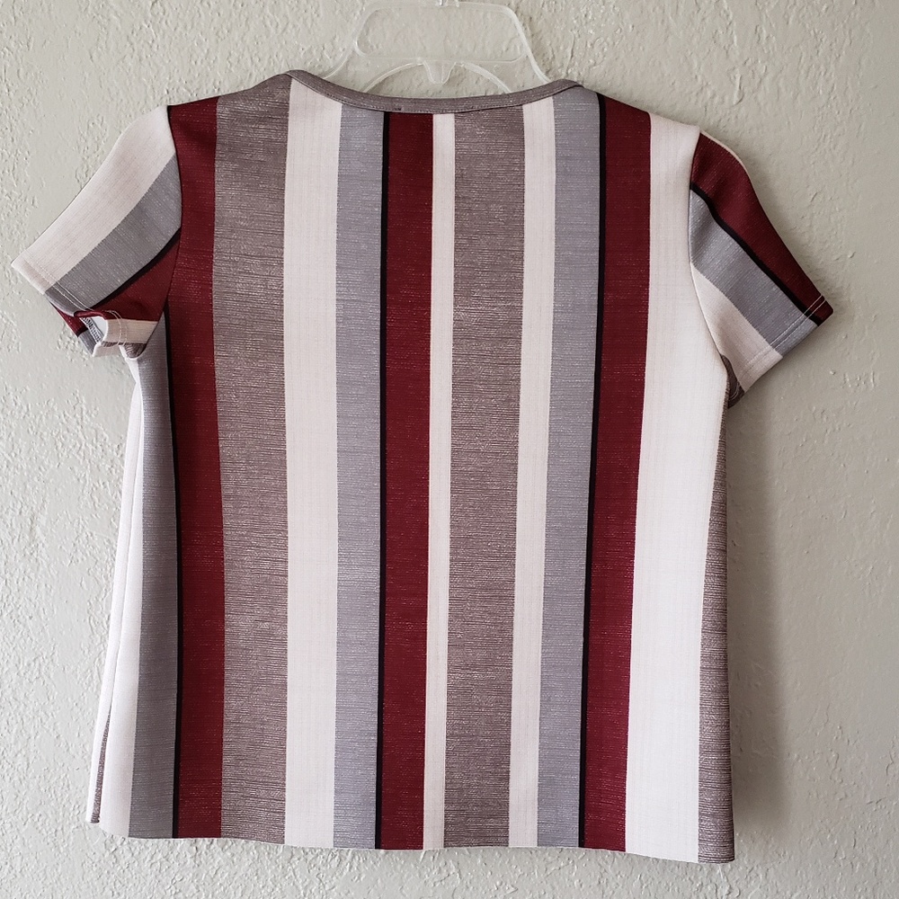 ZARA COLLECTION BURGUNDY WHITE AND GREY SCUBA FABRIC  STRIPED TEE..SIZE S‎ - Picture 5 of 5